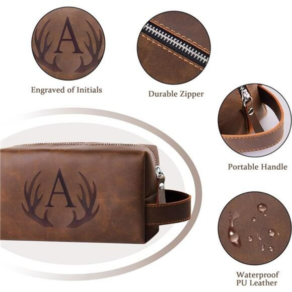 Mens Toiletry Bag Waterproof Leather Shaving Travel Organizer Gift for Him - Picture 4 of 7